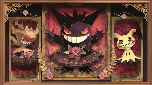 A purple Gengar pokemon covered in colorful floral patterns in the style of Takashi Murakami.