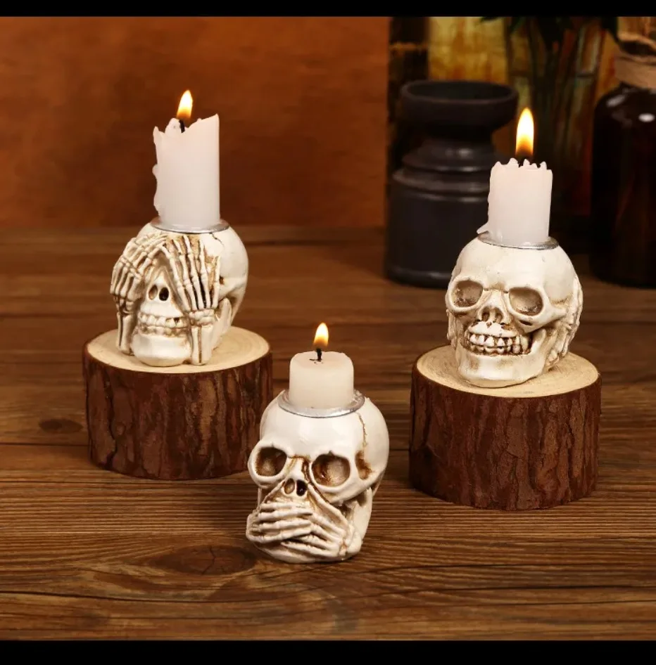 Skullight 3pc Halloween Skull Candle Holder Set