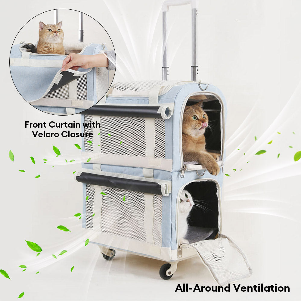 Double-Layer Spacious Multi-Cat Travel Rolling Pet Carrier Bag with Wheels