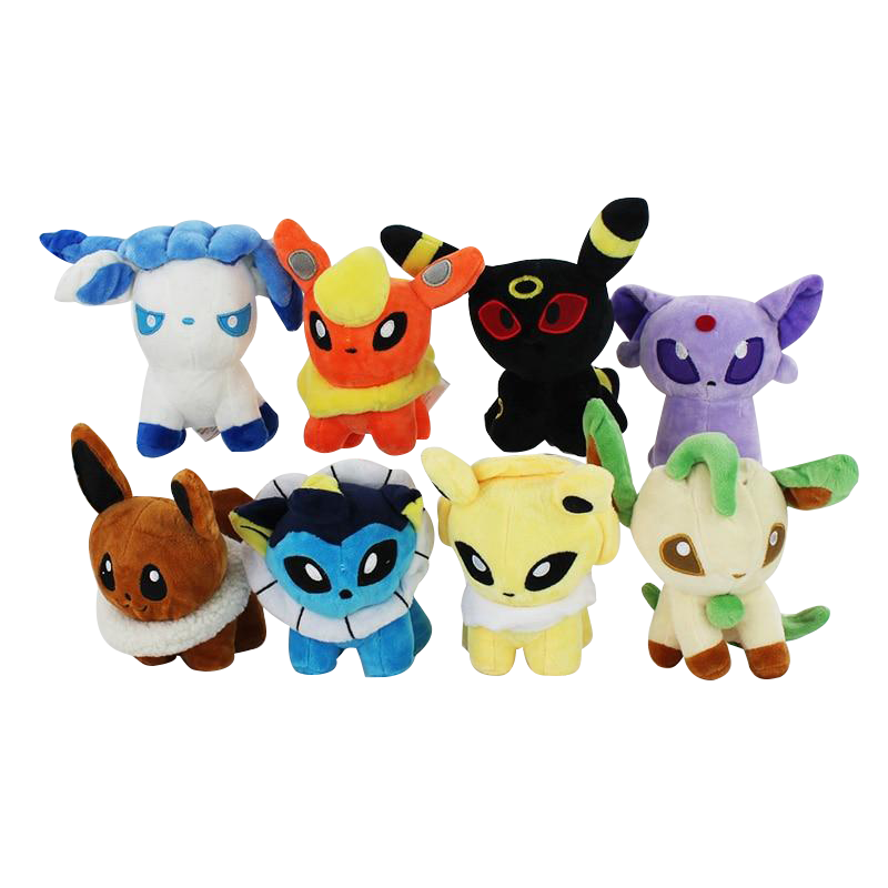 Set of 8 with Nachtara, Eevee, Psiana, Blitza, Aquana, Flamara, Glaziola, Folipurba cuddly toy