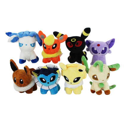 Set of 8 with Nachtara, Eevee, Psiana, Blitza, Aquana, Flamara, Glaziola, Folipurba cuddly toy