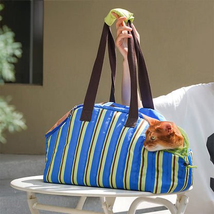 Stylish Striped Portable Shared Travel Pet Carrier Bag for Cats & Owners