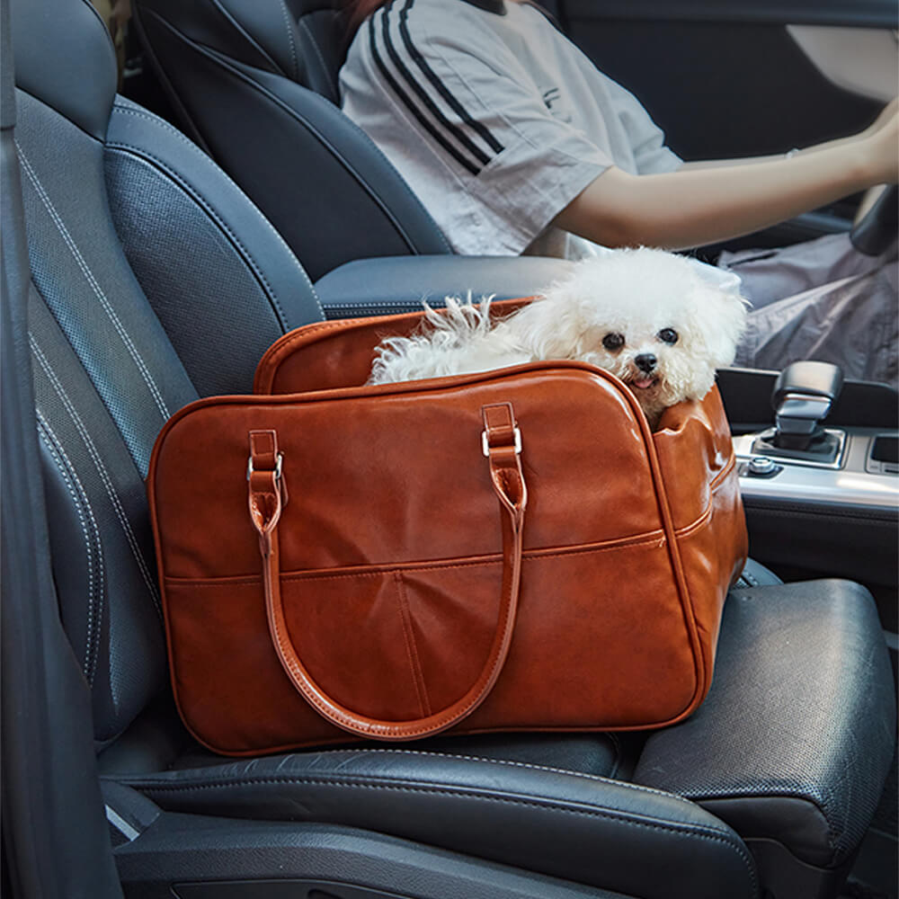 Faux Leather Portable Car Console Pet Carrier Bag for Small Dogs