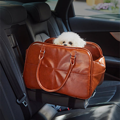 Faux Leather Portable Car Console Pet Carrier Bag for Small Dogs