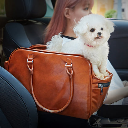 Faux Leather Portable Car Console Pet Carrier Bag for Small Dogs