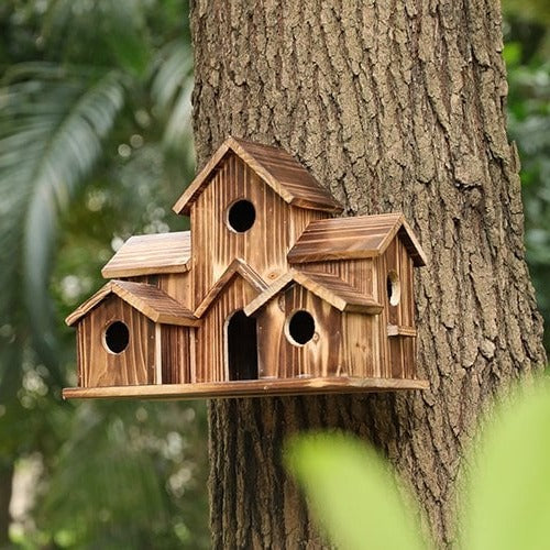 Handcrafted Wooden Birdhouse With 6 Holes