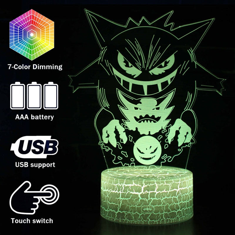 Gengar bedside lamp with magical color changes and 3D Pokemon lamp